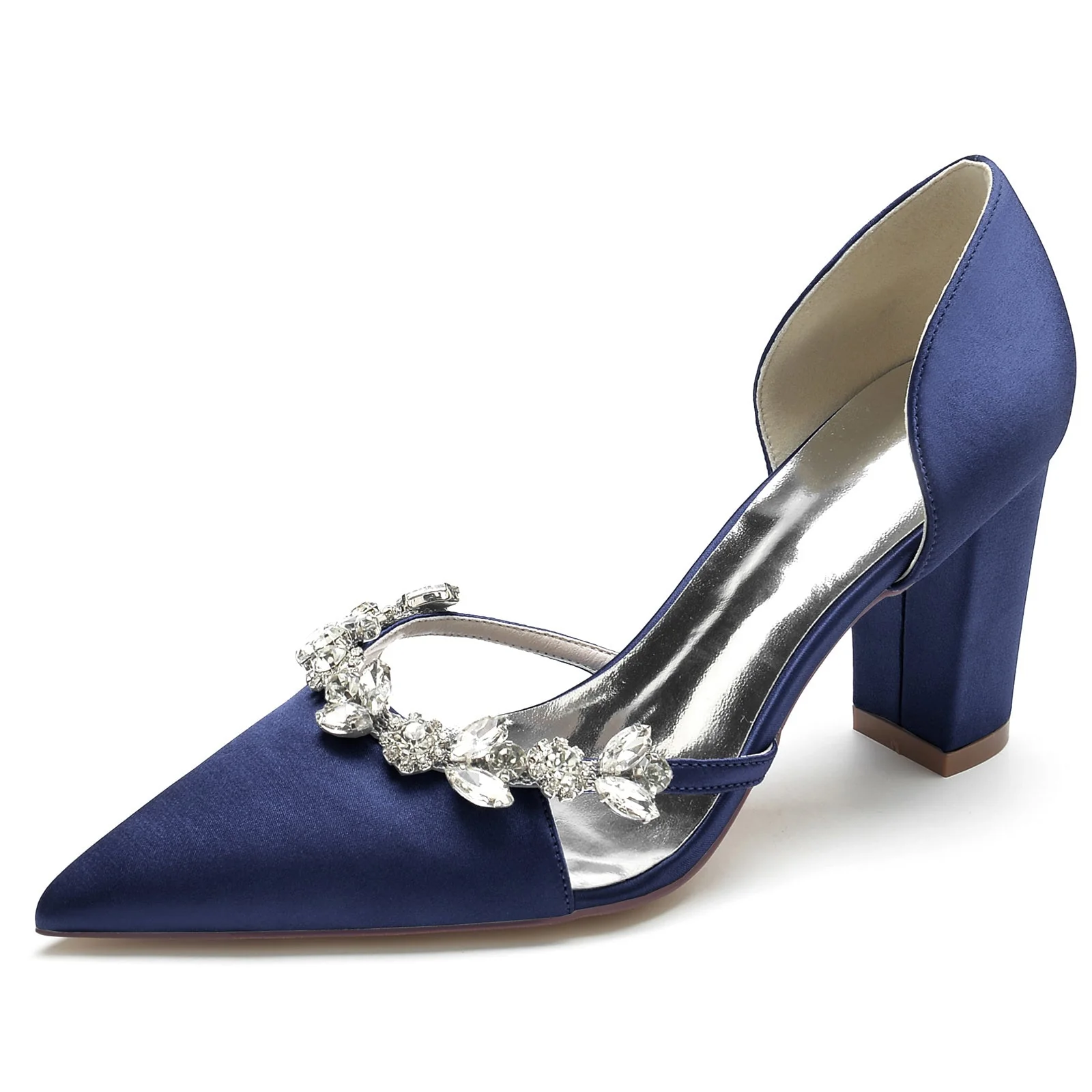 Women's Wedding Shoes Silk Satin Rhinestone Chunky Pointed Toe Bridal Shoes - Image 9
