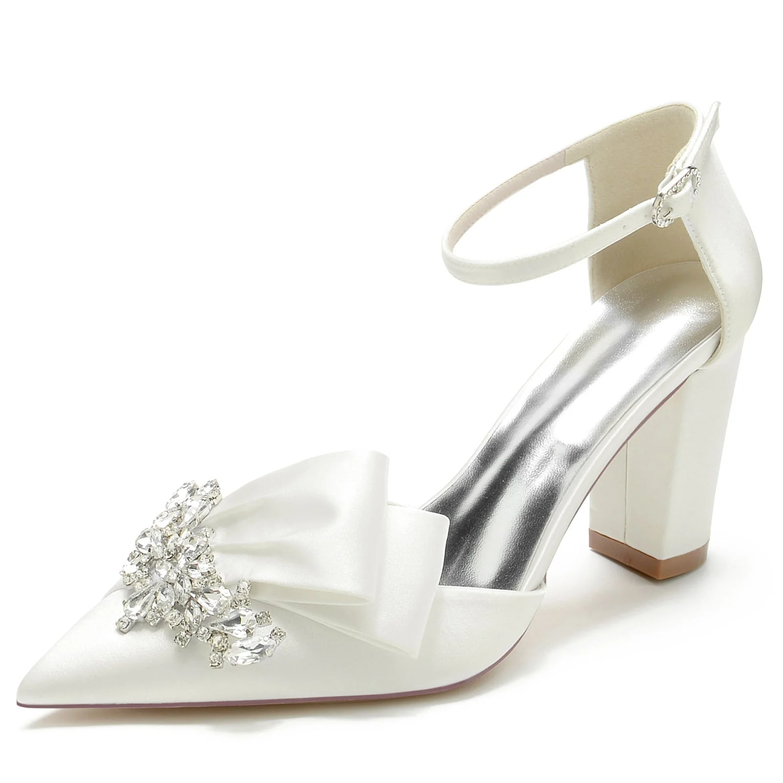 Women's Wedding Shoes Silk Satin Rhinestone Chunky Pointed Toe Buckle Bridal Shoes - Image 11