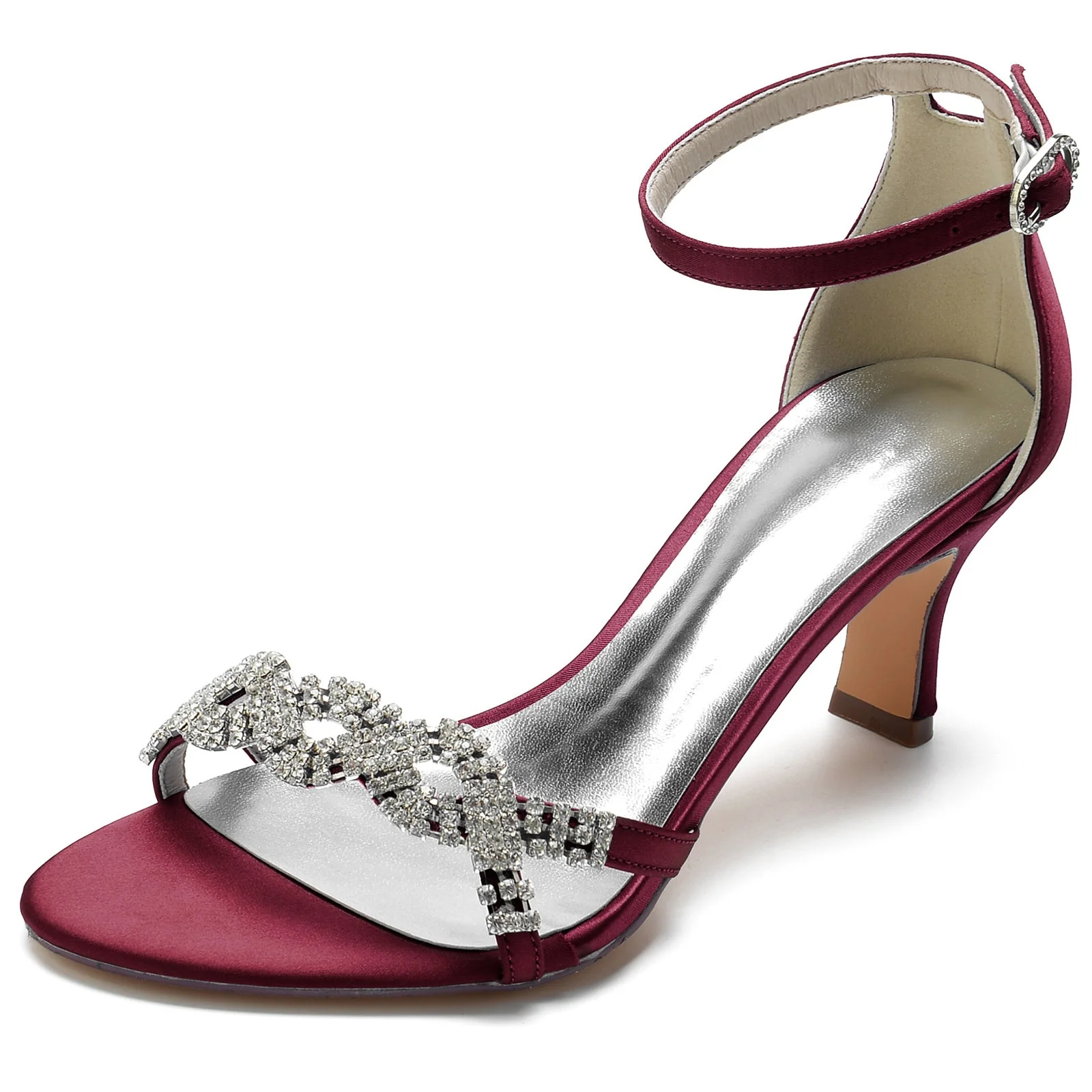 Women's Wedding Shoes Silk Satin Rhinestone Mid Peep Toe Buckle Bridal Shoes - Image 8