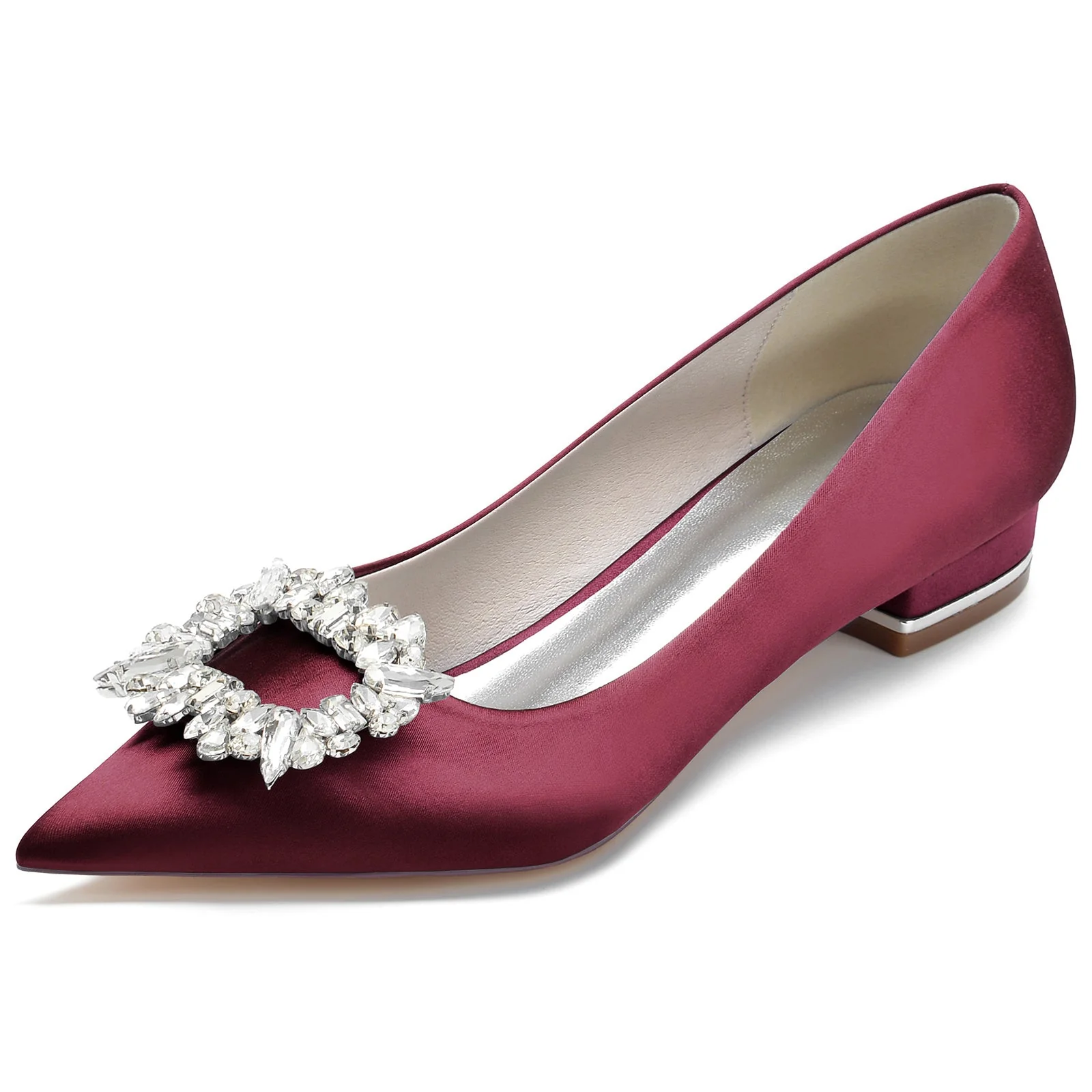 Women's Wedding Shoes Silk Satin Square Rhinestone Low Pointed Toe Bridal Shoes - Image 13