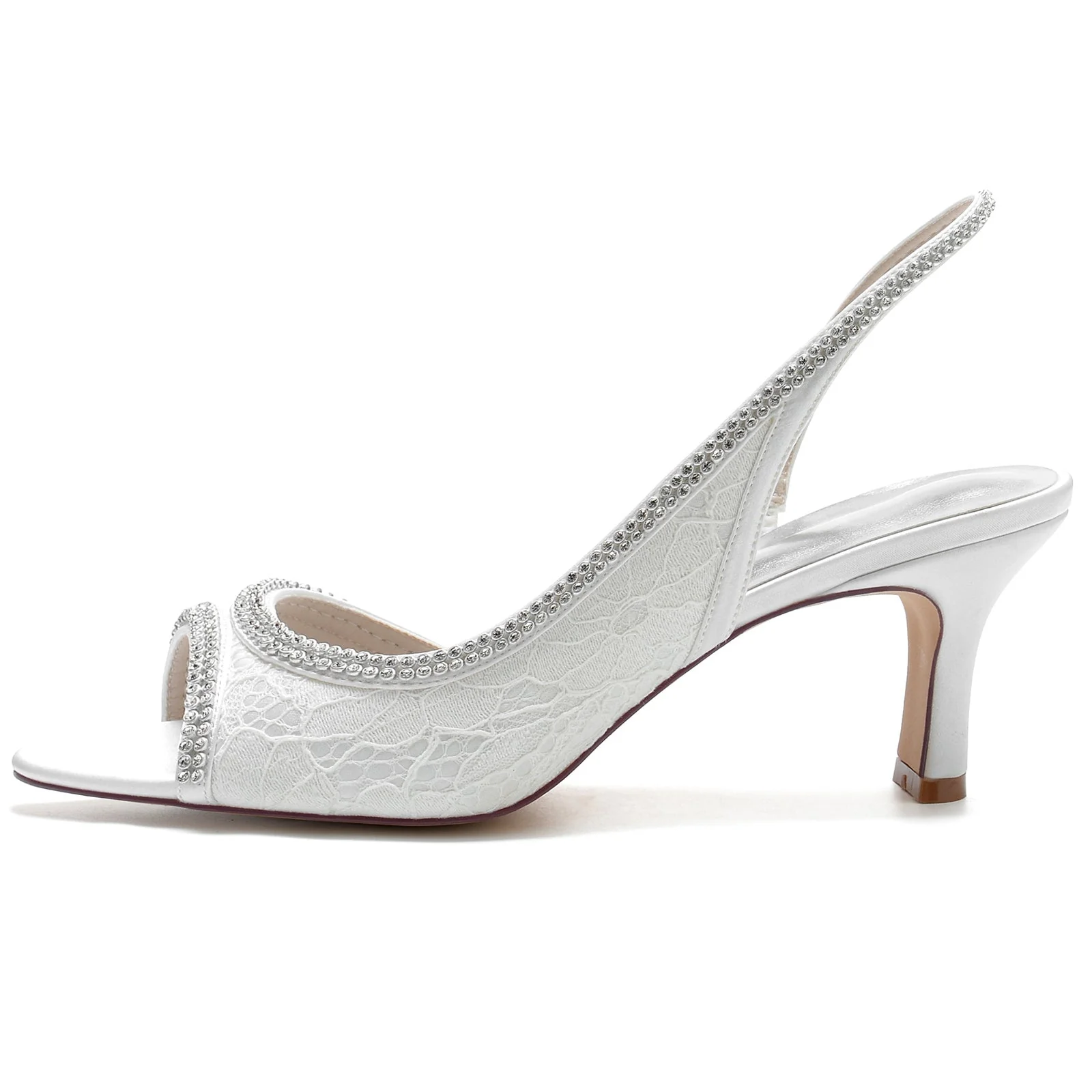 Women's Wedding Shoes Silk Stain Lace Rhinestone Mid Peep Toe Buckle Bridal Shoes - Image 3