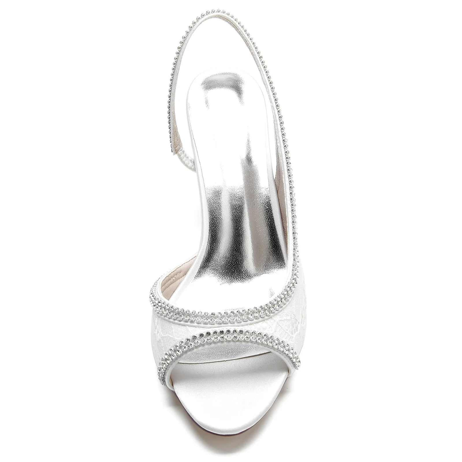 Women's Wedding Shoes Silk Stain Lace Rhinestone Mid Peep Toe Buckle Bridal Shoes - Image 5