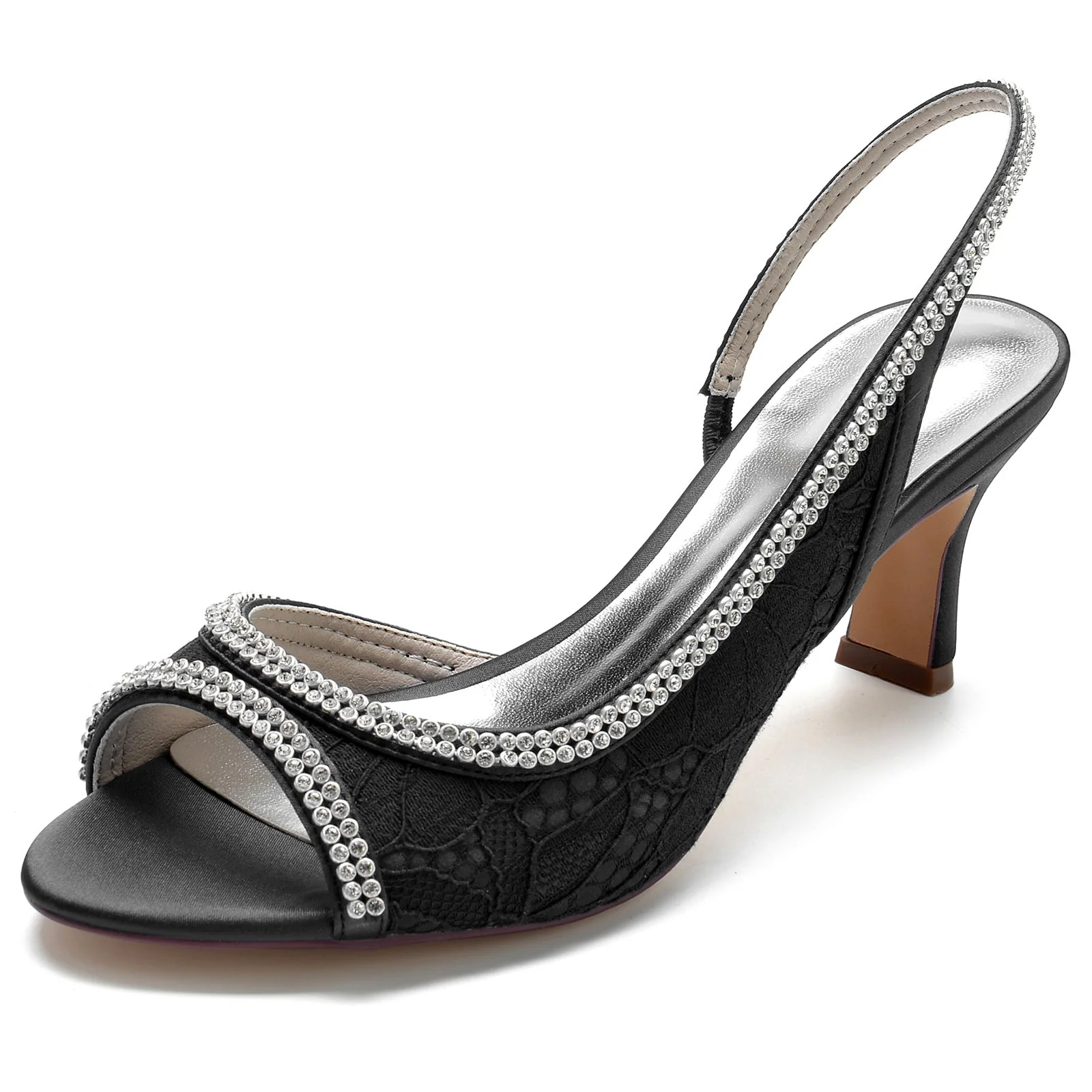 Women's Wedding Shoes Silk Stain Lace Rhinestone Mid Peep Toe Buckle Bridal Shoes - Image 7