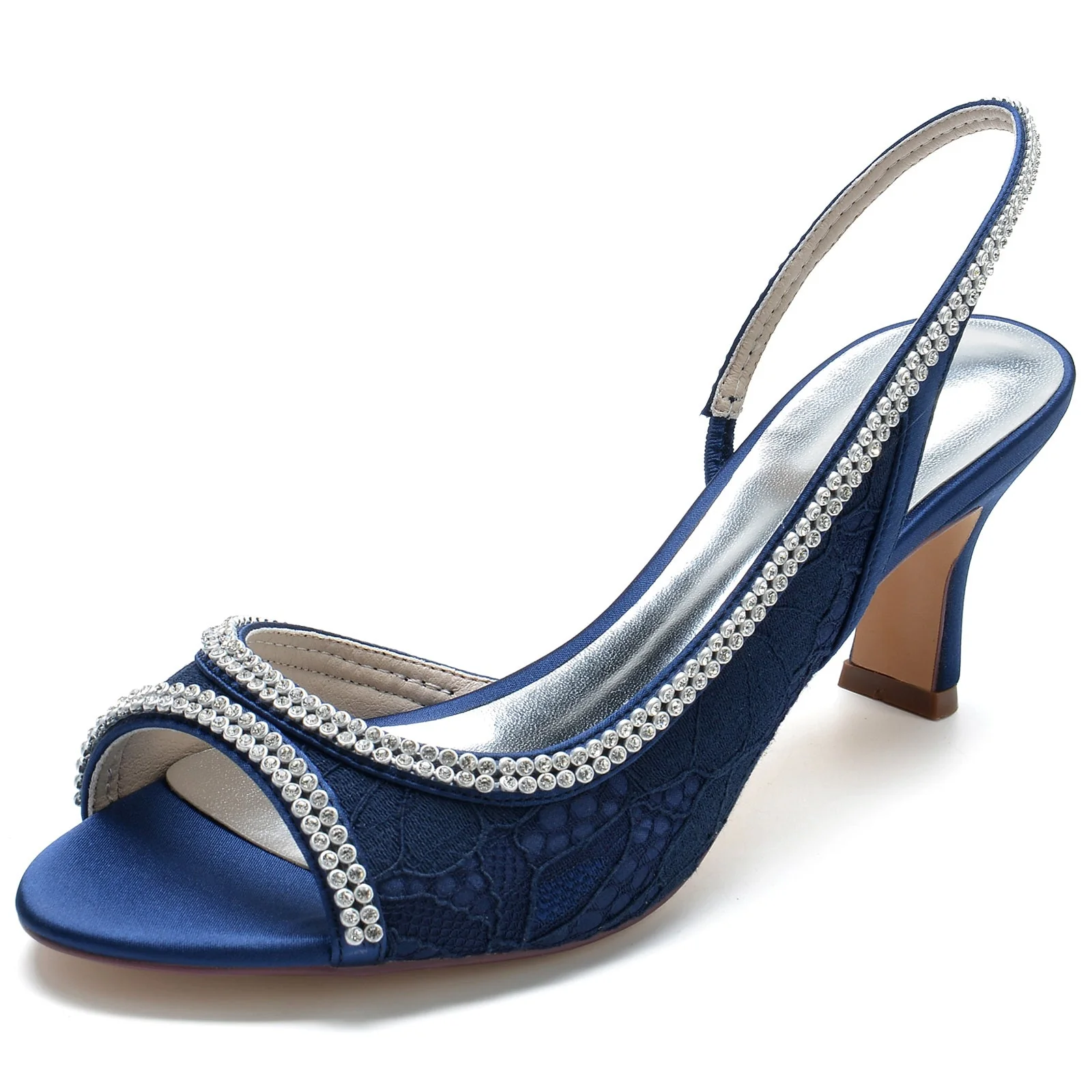 Women's Wedding Shoes Silk Stain Lace Rhinestone Mid Peep Toe Buckle Bridal Shoes - Image 9