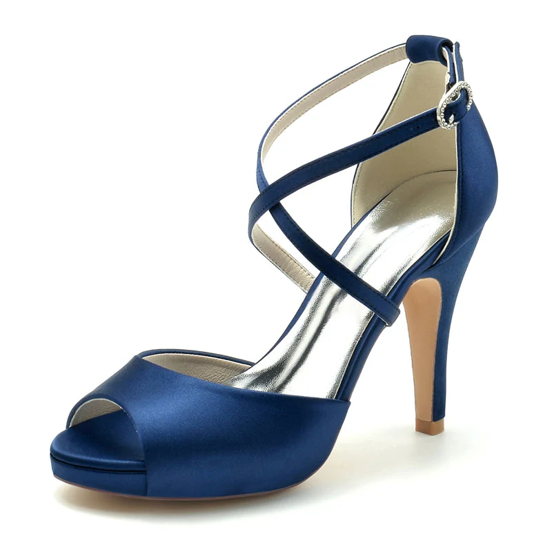 Women's Wedding Shoes Silver High Heel Thick Sole Crossed Straps Elegant Bridal Shoes - Image 2