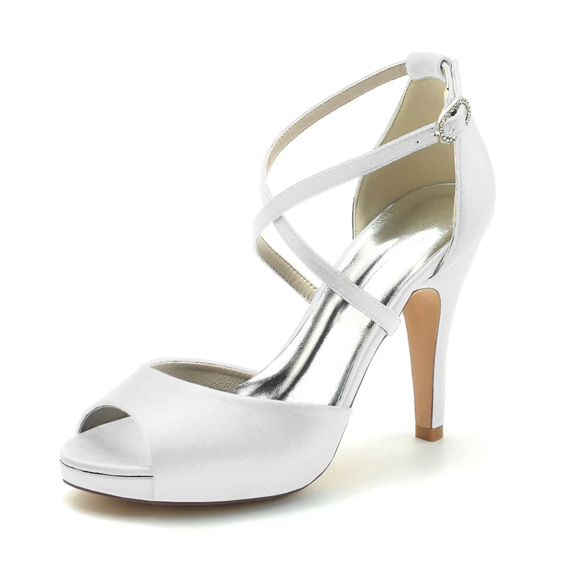 Women's Wedding Shoes Silver High Heel Thick Sole Crossed Straps Elegant Bridal Shoes - Image 8