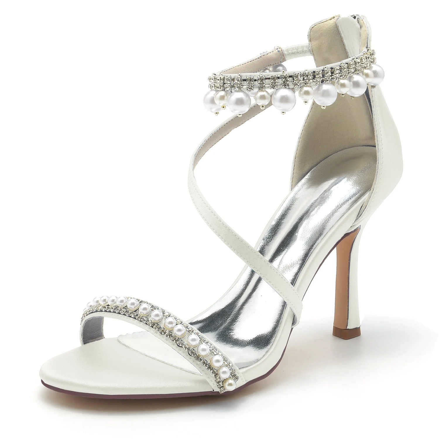 Women's Wedding Shoes Spiral Pearl High Heel Opened Toe Buckle Bridal Shoes - Image 11