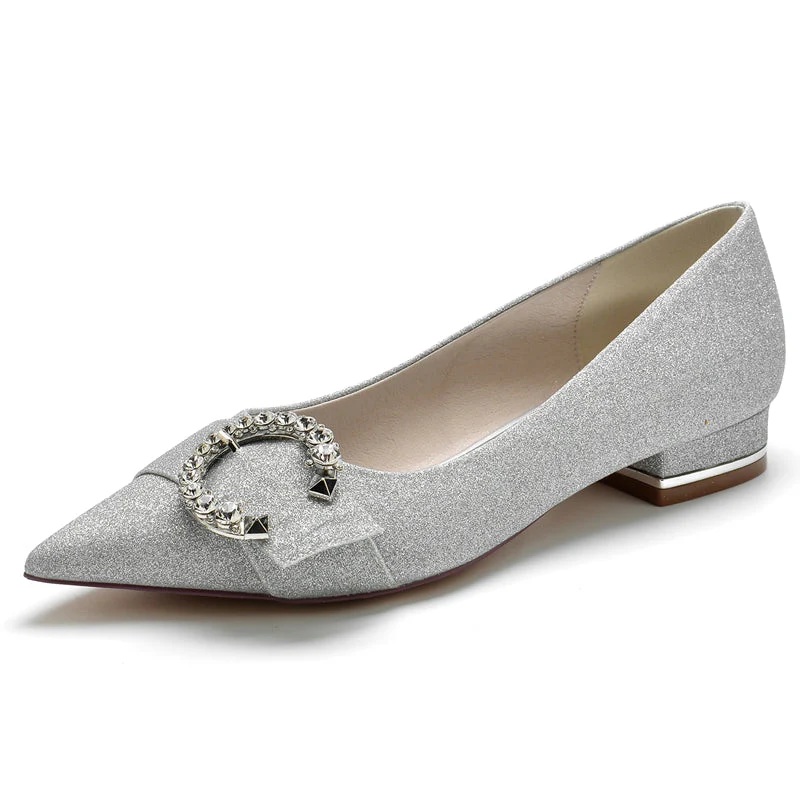 Women's Wedding Shoes Stylish Pointed Toe Flat Heel Rhinestone Bridal Shoes