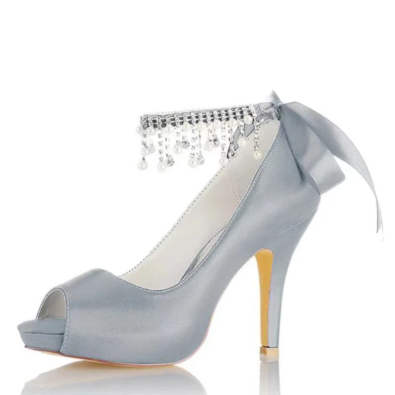 Women's Wedding Shoes Thick Sole Peep Toe Buckle Bridal Shoes with Pearl Tassel & Bow - Image 12
