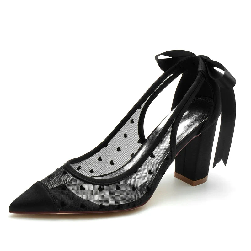 Women's Wedding Shoes White Closed Toe Chunky Heel Printed Heart Bridal Shoes with Bowknot - Image 6