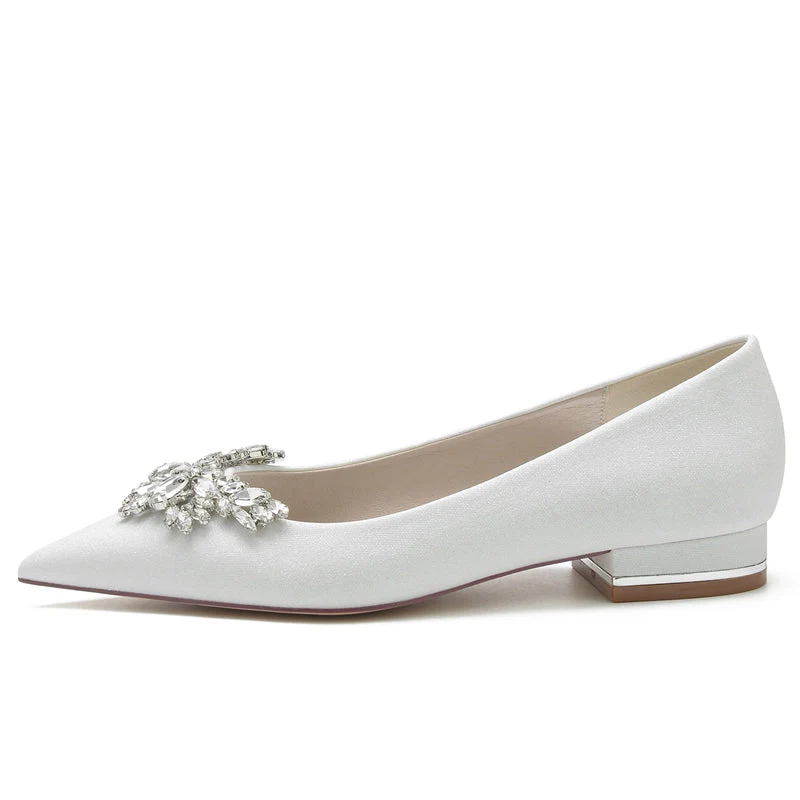 Women's Wedding Shoes White Closed Toe Low Heel Classic Bridal Shoes with Delicate Rhinestone - Image 2