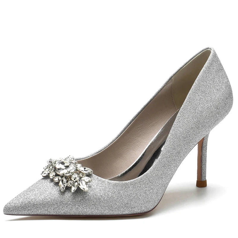 Women's Wedding Shoes White Closed Toe Sparkling Stretch Glitter Bridal Shoes with Rhinestone - Image 5