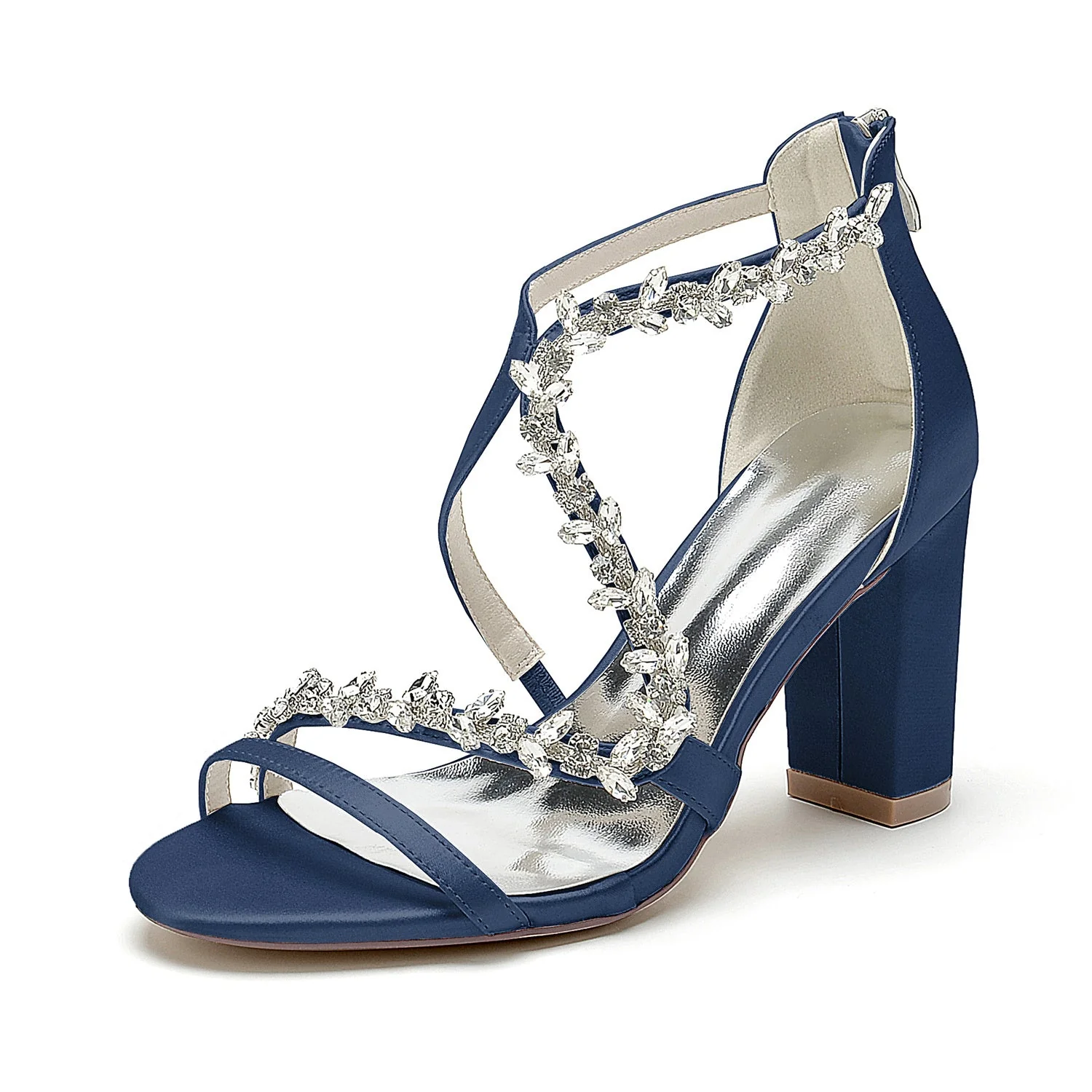 Women's Wedding Shoes White Crossed Rhinestone Open Toe Chunky Heel Bridal Shoes - Image 11