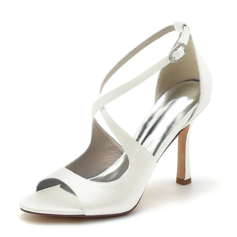 Women's Wedding Shoes White Opened Toe High Heel Chic Bridal Shoes with Crossed Strap - Image 8