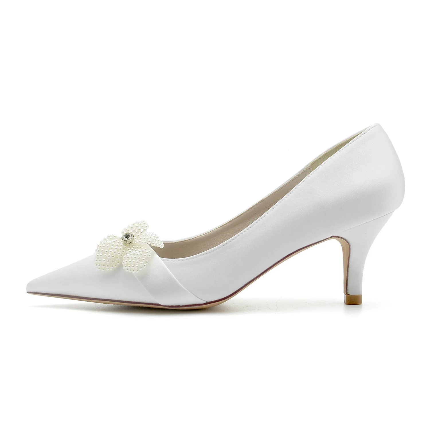 Women's Wedding Shoes White Pearl Flower Pointed Toe Mid Heel Bridal Shoes - Image 2
