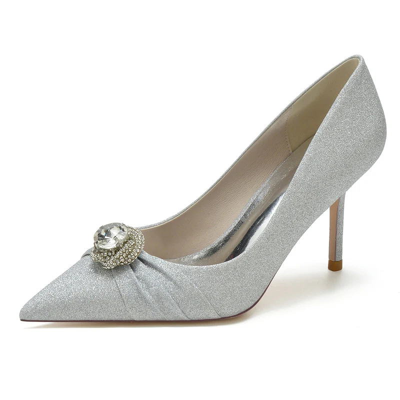 Women's Wedding Shoes White Pointed Toe High Heel Luxury Bridal Shoes with Rhinestone & Ruffles - Image 5