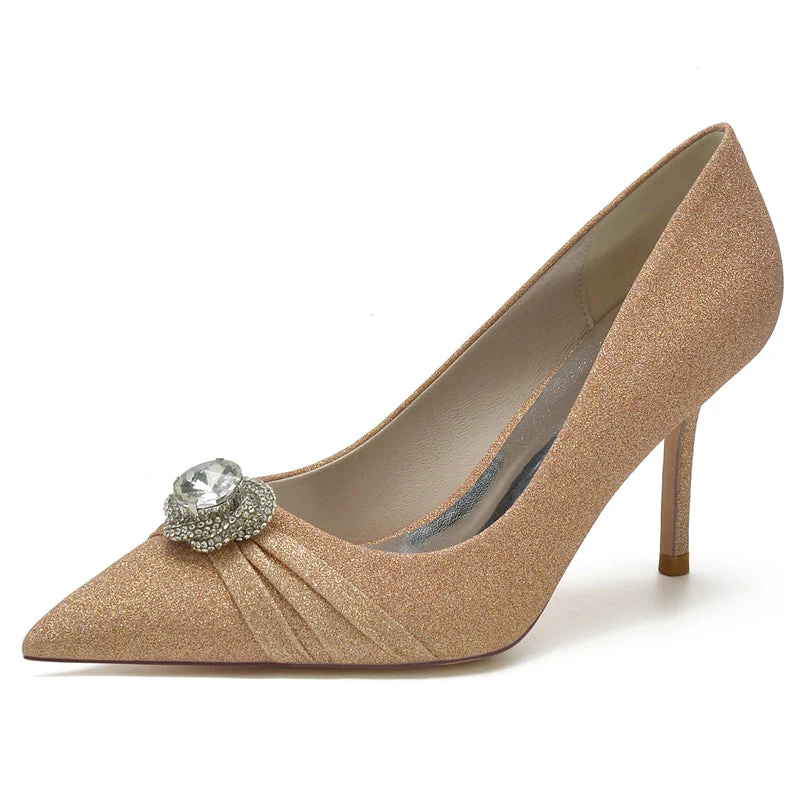 Women's Wedding Shoes White Pointed Toe High Heel Luxury Bridal Shoes with Rhinestone & Ruffles - Image 6