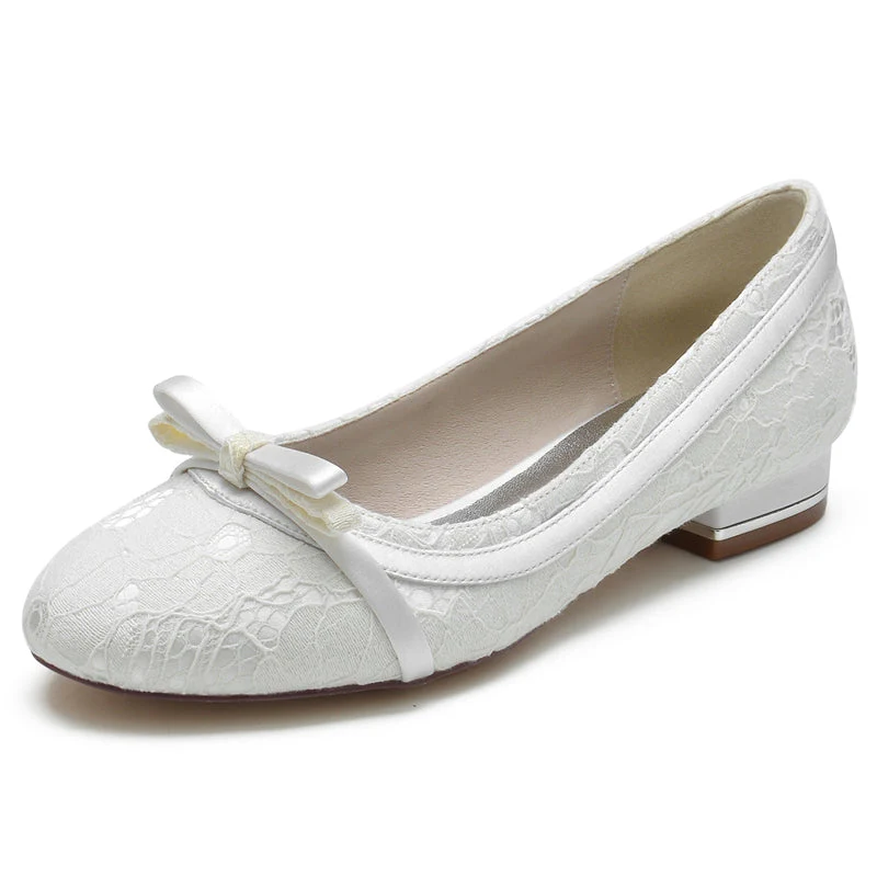 Women's Wedding Shoes White Round Toe Flat Heel Bowknot Elegant Bridal Shoes - Image 2