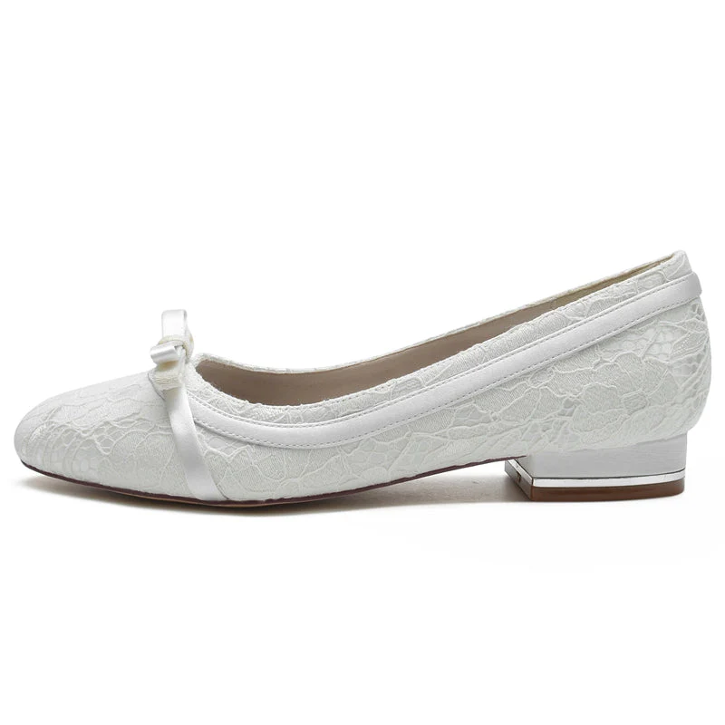 Women's Wedding Shoes White Round Toe Flat Heel Bowknot Elegant Bridal Shoes - Image 3