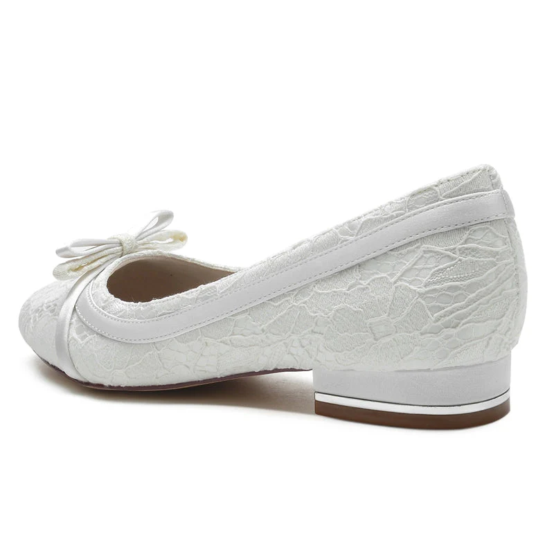 Women's Wedding Shoes White Round Toe Flat Heel Bowknot Elegant Bridal Shoes - Image 4