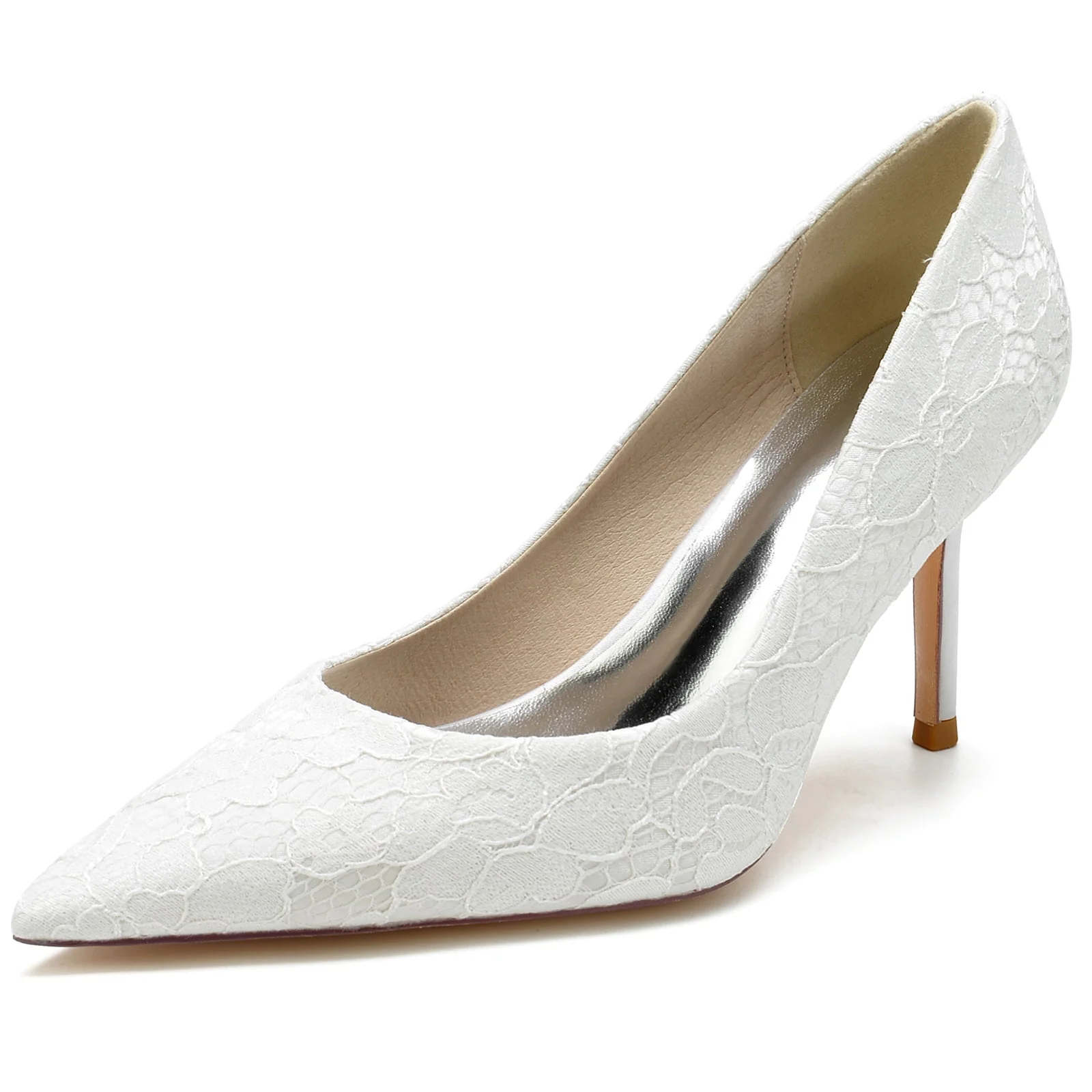 Women's Wedding Shoes White Satin Lace Stiletto Pointed Toe Bridal Shoes - Image 7