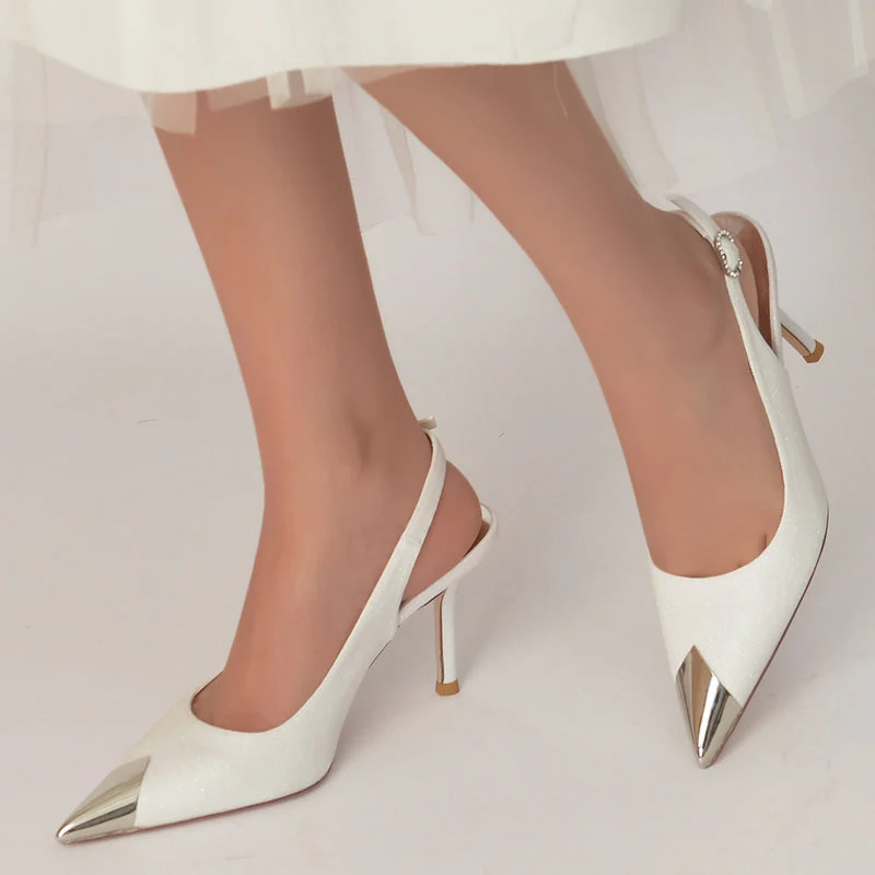 Women's Wedding Shoes White Sparkling Glitter Closed Toe High Heel Buckle Bridal Shoes - Image 2