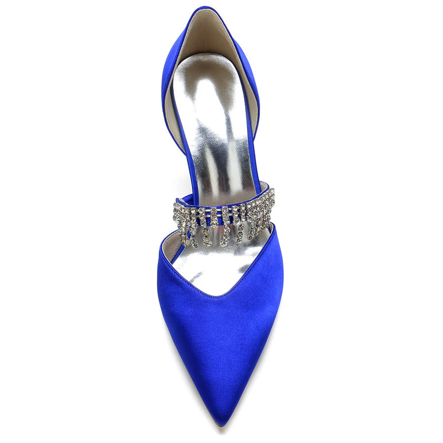 Women's Wedding Silk Satin Pointed Toe High Heel Bridal Shoes with Crystals Tassel - Image 4