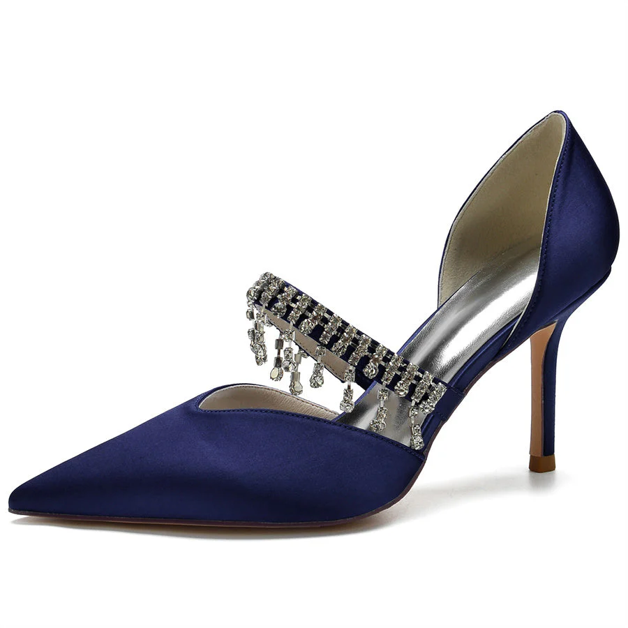Women's Wedding Silk Satin Pointed Toe High Heel Bridal Shoes with Crystals Tassel - Image 9