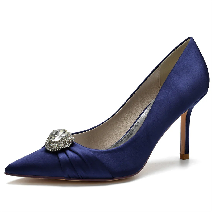 Women's Wedding Silk Satin Stiletto Heel Pointed Toe Bridal Shoes with Big Crystal - Image 10