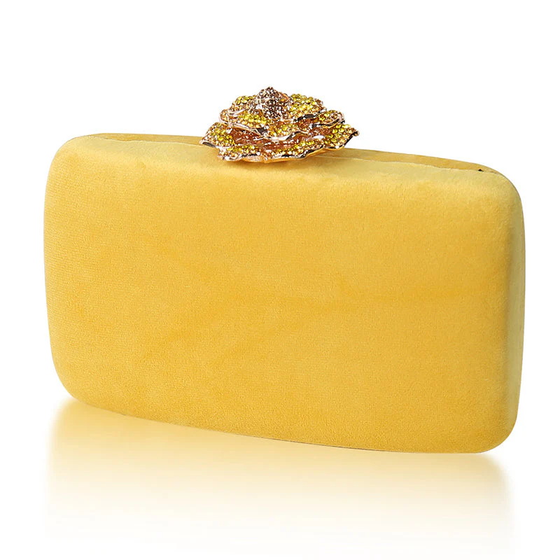 Yellow Luxurious Velvet Wedding Party Evening Clutch Bag with 3D Flower - Image 2